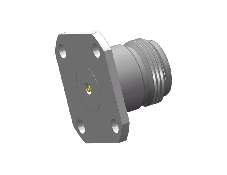 N Female 4-Hole Flange Mount RF Connector – Field Replaceable, 18.35mm Hole Spacing, 0.38mm Pin Diameter RF Connector – Model N-KFD1
