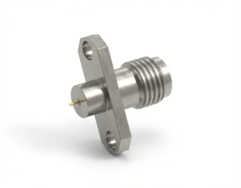 2.92mm Female 2-Hole Flange Mount RF Connector – Solder Attachment, 12.2mm Hole Spacing, 0.3mm Pin Diameter, Stub Terminal - 2.92-kfd33