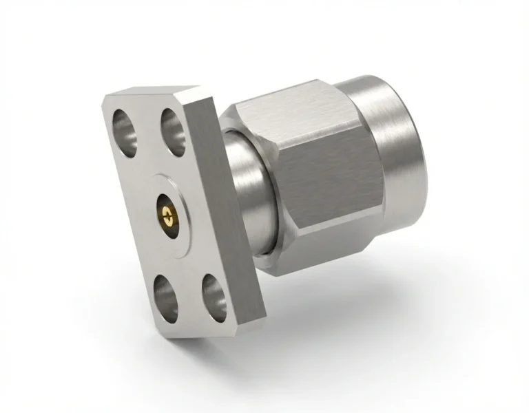 2.92mm Male 4-Hole Flange Mount RF Connector – Field Replaceable, 5.64mm Hole Spacing, 0.46mm Pin Diameter - 2.92-jfd14