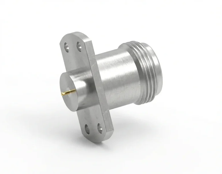 N Female 2-Hole Flange Mount RF Connector – Solder Attachment, 21mm Hole Spacing, 0.8mm Pin Diameter, Stub Terminal - n-50kfd33c-mc