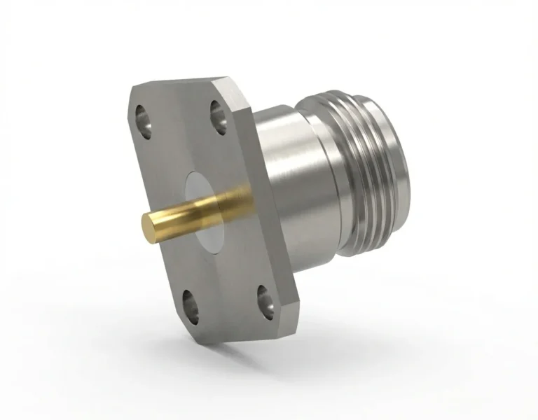 N Female 4-Hole Flange Mount RF Connector – Solder Attachment, 18.25mm Hole Spacing, 3.04mm Pin Diameter, Pin Terminal - n-kfd13