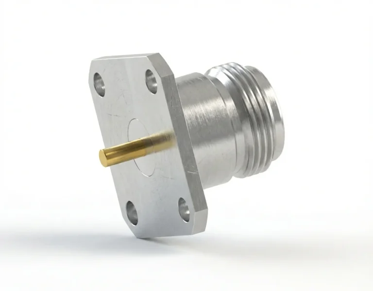 N Female 4-Hole Flange Mount RF Connector – Solder Attachment, 18.25mm Hole Spacing, 2.5mm Pin Diameter - n-kfd100g