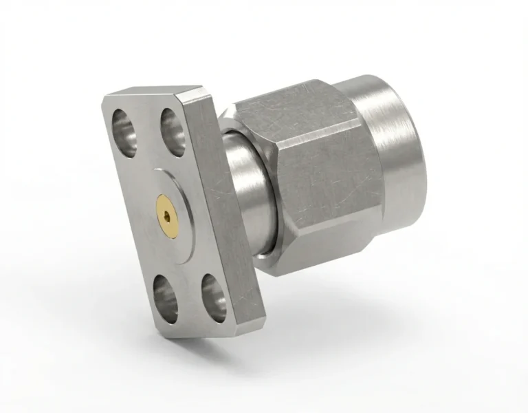 SMA Male 4-Hole Flange Mount RF Connector – Field Replaceable, 5.64mm Hole Spacing, 0.38mm Pin Diameter - sma-jfd15