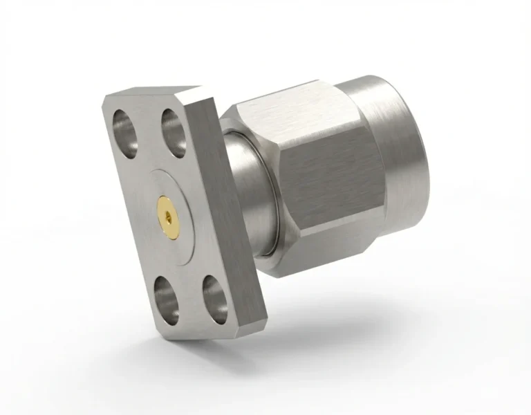 SMA Male 4-Hole Flange Mount RF Connector – Field Replaceable, 5.64mm Hole Spacing, 0.3mm Pin Diameter - sma-jfd14