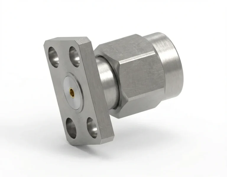 SMA Male 4-Hole Flange Mount RF Connector – Field Replaceable, 5.64mm Hole Spacing, 0.9mm Pin Diameter - sma-jfd18