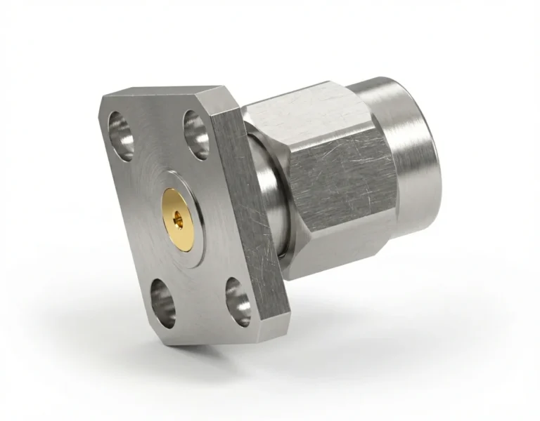 SMA Male 4-Hole Flange Mount RF Connector – Field Replaceable, 8.64mm Hole Spacing, 0.46mm Pin Diameter - sma-jfd4