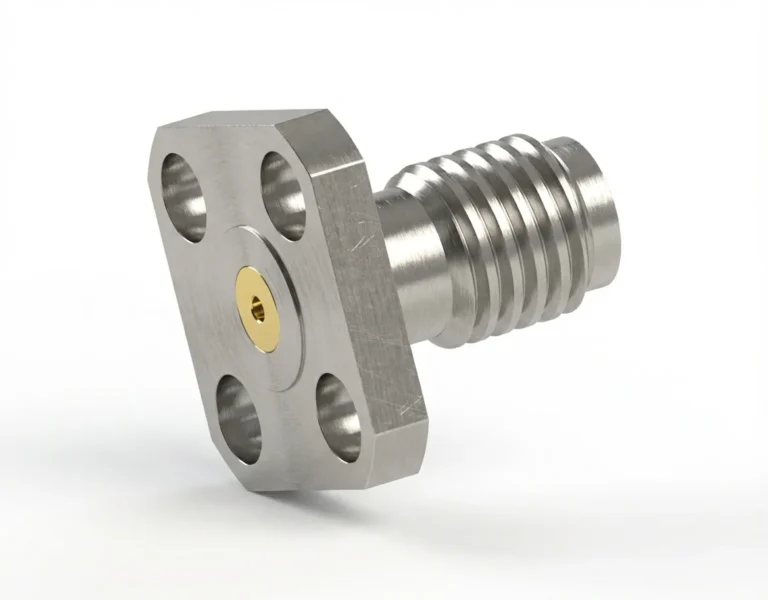 SSMA Female 4-Hole Flange Mount RF Connector – Field Replaceable, 5.9mm Hole Spacing, 0.38mm Pin Diameter - ssma-kfd3