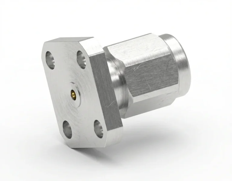 1.0mm Male 4-Hole Flange Mount RF Connector – Field Replaceable, 6.35mm Hole Spacing, 0.23mm Pin Diameter