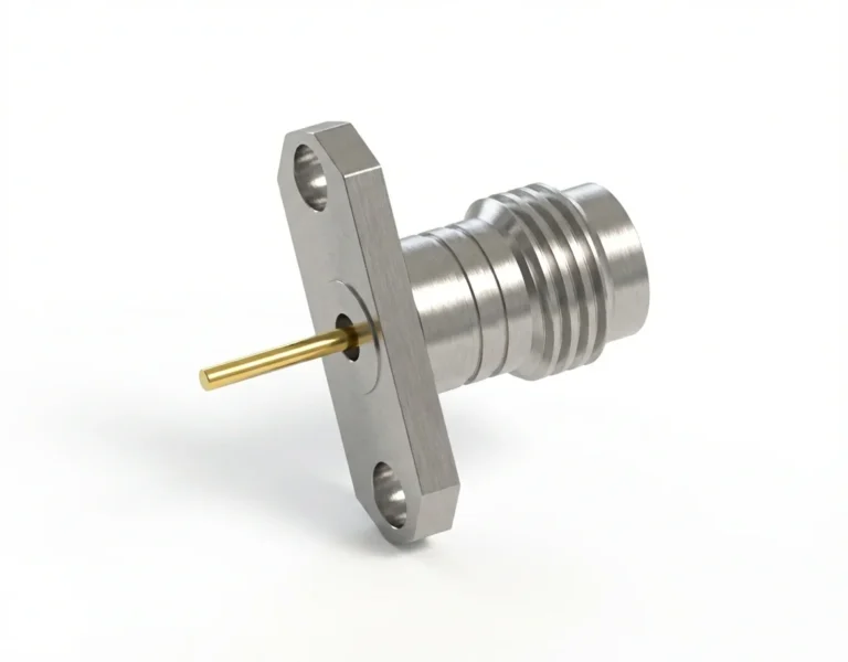 1.85Mm Female 2-Hole Flange Mount RF Connector – Solder Attachment 12.22mm Hole Spacing, 8mm Pin Diameter, Pin Terminal