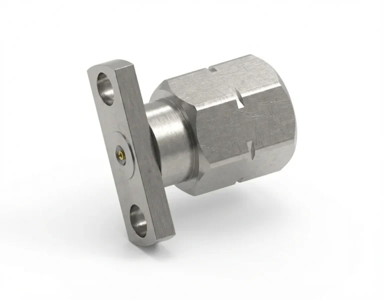 2.4mm Male 2-Hole Flange Mount RF Connector – Field Replaceable, 10.2mm Hole Spacing, 0.23mm Pin Diameter