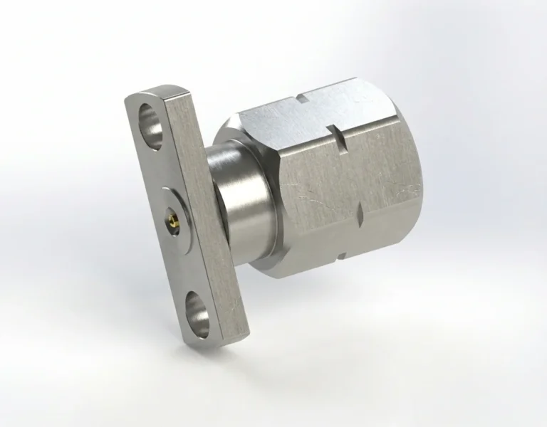 2.4mm Male 2-Hole Flange Mount RF Connector – Field Replaceable, 10.2mm Hole Spacing, 0.38mm Pin Diameter