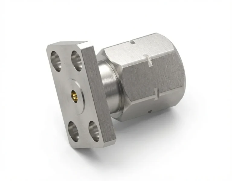 2.4mm Male 4-Hole Flange Mount RF Connector – Field Replaceable, 5.64mm Hole Spacing, 0.38mm Pin Diameter