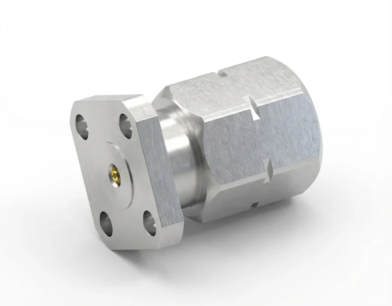 2.4mm Male 4-Hole Flange Mount RF Connector – Field Replaceable, 6.35mm Hole Spacing, 0.23mm Pin Diameter