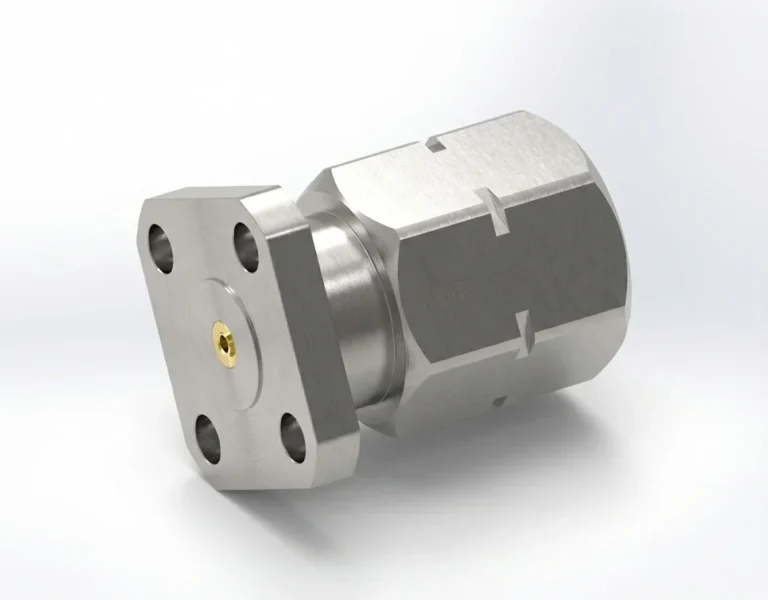 2.4mm Male 4-Hole Flange Mount RF Connector – Field Replaceable, 6.35mm Hole Spacing, 0.38mm Pin Diameter