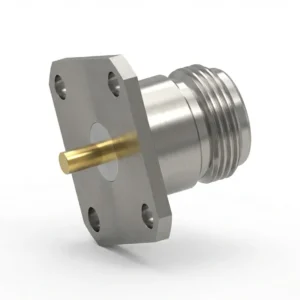N Female 4-Hole Flange Mount RF Connector – Solder Attachment, 18.25mm Hole Spacing, 3.04mm Pin Diameter, Pin Terminal