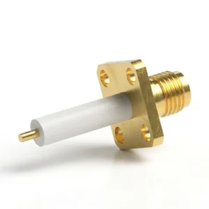 SMA メス 4穴フランジマウント RF コネクタ – はんだ付け、穴間隔 8.63mm、ピン径 1.27mm、スタブ端子