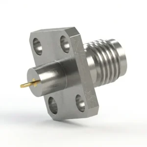 SMA メス 4穴フランジマウント RF コネクタ – はんだ付け、穴間隔 8.64mm、ピン径 0.4mm、スタブ端子