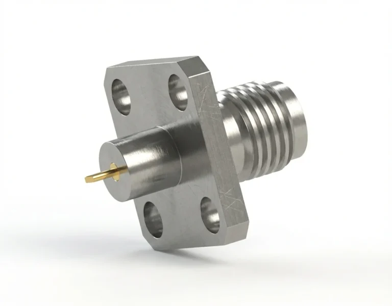 SMA Female 4-Hole Flange Mount RF Connector – Solder Attachment, 8.64mm Hole Spacing, 0.4mm Pin Diameter, Stub Terminal
