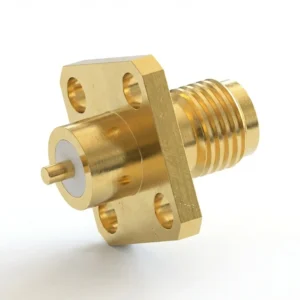 SMA メス 4穴フランジマウント RF コネクタ – はんだ付け、穴間隔 8.64mm、ピン径 1.27mm、スタブ端子