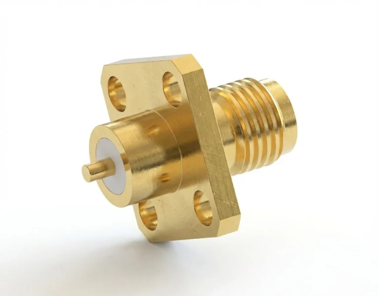 SMA Female 4-Hole Flange Mount RF Connector – Solder Attachment, 8.64mm Hole Spacing, 1.27mm Pin Diameter, Stub Terminal