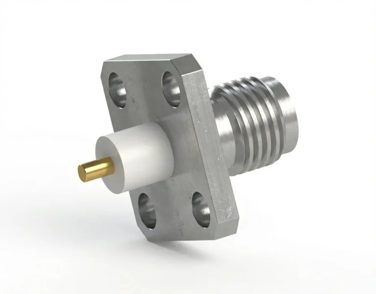 SMA Female 4-Hole Flange Mount RF Connector – Solder Attachment, 8.64mm Hole Spacing, StubTerminal