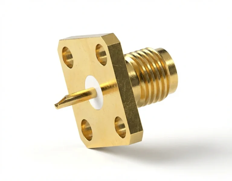 SMA Female 4-Hole Flange Mount RF Connector – Solder Attachment, 8,65mm Hole Spacing, Pin Terminal