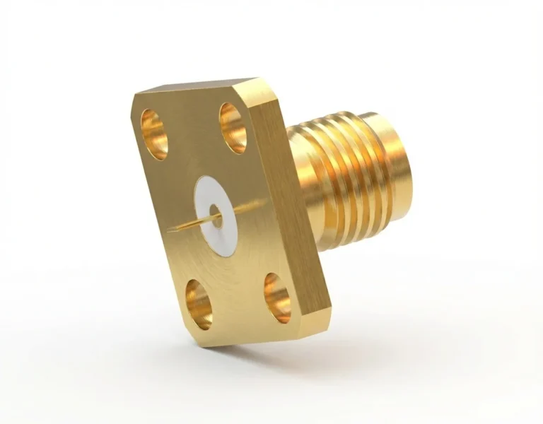 SMA Female 4-Hole Flange Mount RF Connector – Solder Attachment, 8,65mm Hole Spacing, 1.23mm Pin Diameter, Pin Terminal